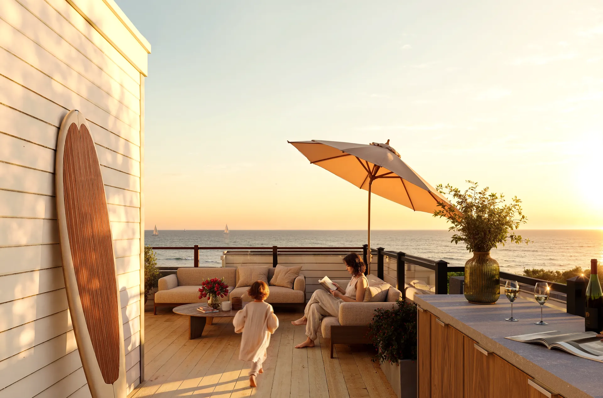 A private rooftop terrace at South Banks overlooking Lake Ontario at sunset
